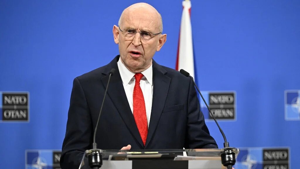 Britain's Defence Secretary John Healey addresses the media at NATO Headquarters in Brussels, on February 12, 2026. (AFP)