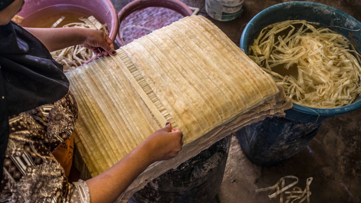 Ways to compress papyrus is demonstrated at a workshop in the village of al-Qaramous in Egypt's northern Sharqiyah province (Khaled Desouki/AFP)