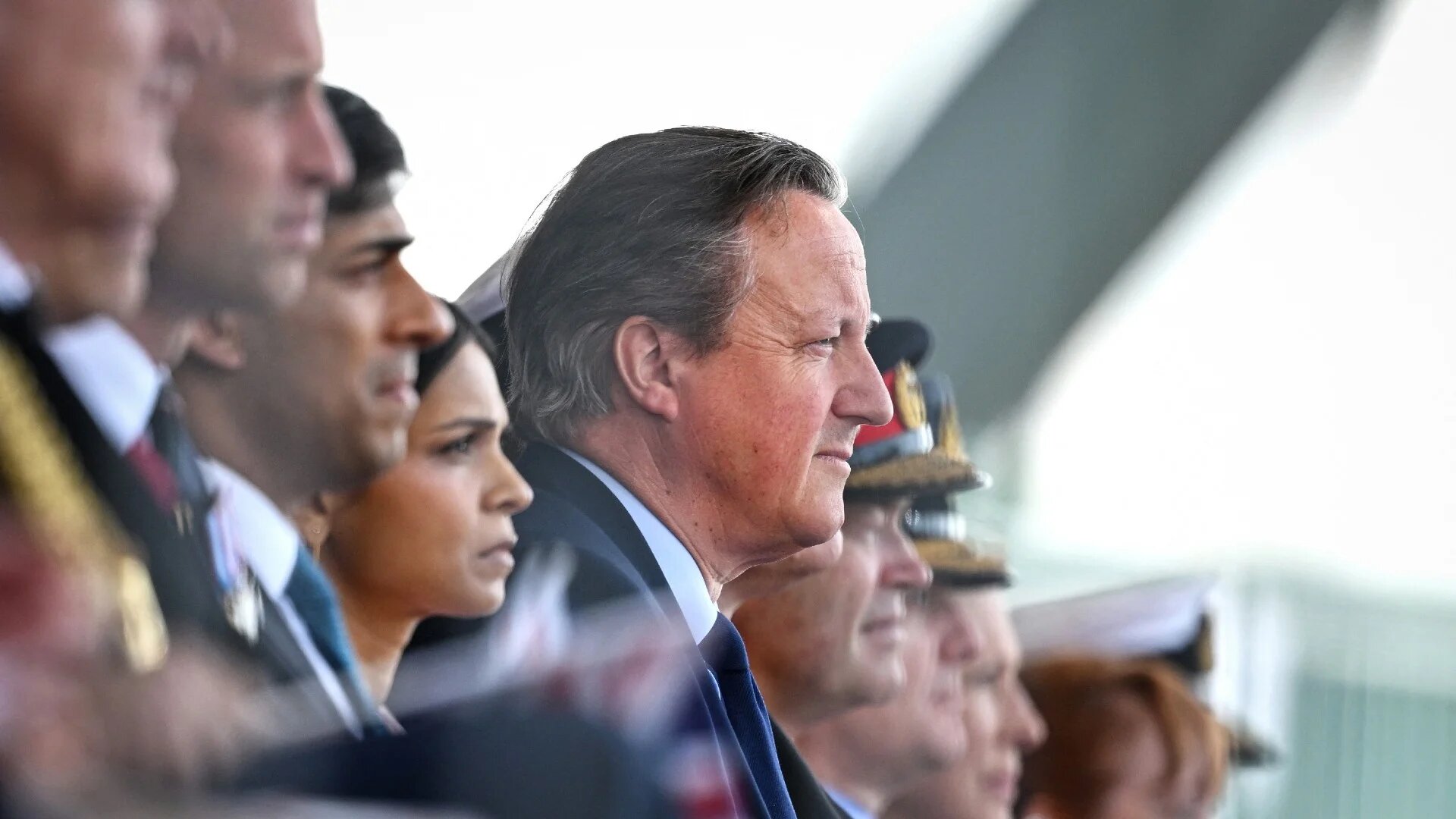 This file photo shows Britain's then-Foreign Secretary David Cameron (C), Prince William (2L), then-Prime Minister Rishi Sunak (3L) and his wife Akshata Murty (4L) at an event to mark the 80th anniversary of the D-Day landings, in Southsea Common, southern England on 5 June 2024 (AFP)