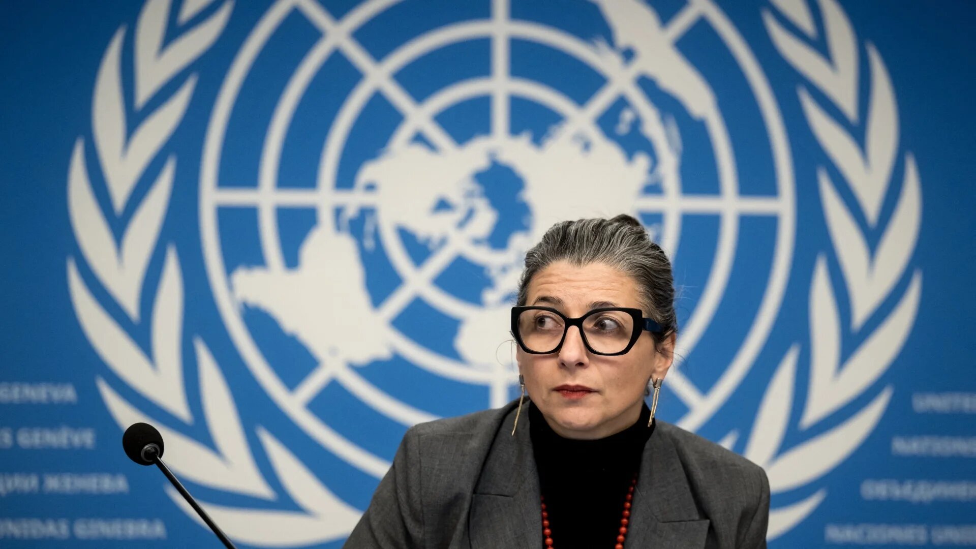 United Nations Special Rapporteur on the occupied Palestinian territories Francesca Albanese holds a press conference in Geneva on 11 December 2024 (AFP/Fabrice Coffrini)