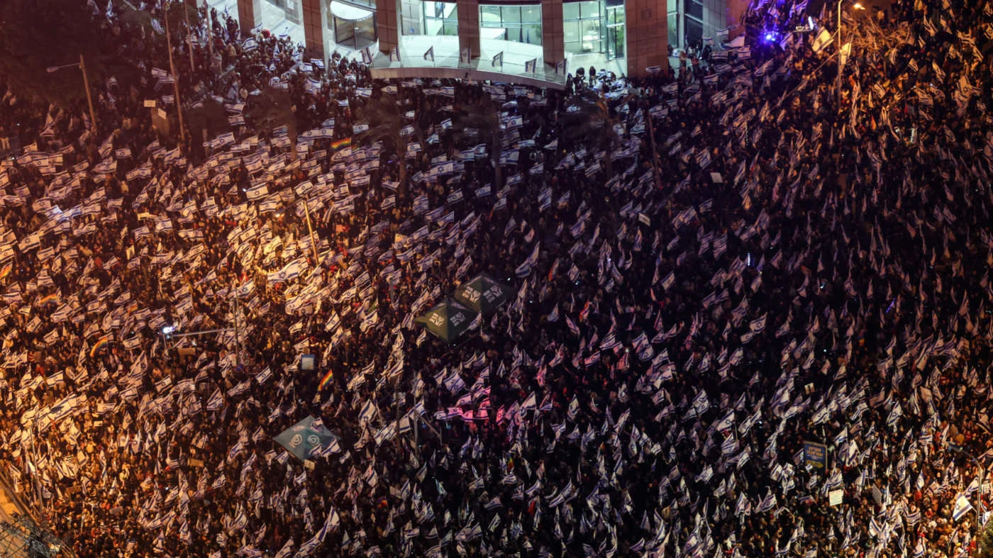 Protestors against the Israeli government’s plans for the judiciary gather in Tel Aviv in March 2023 (AFP)