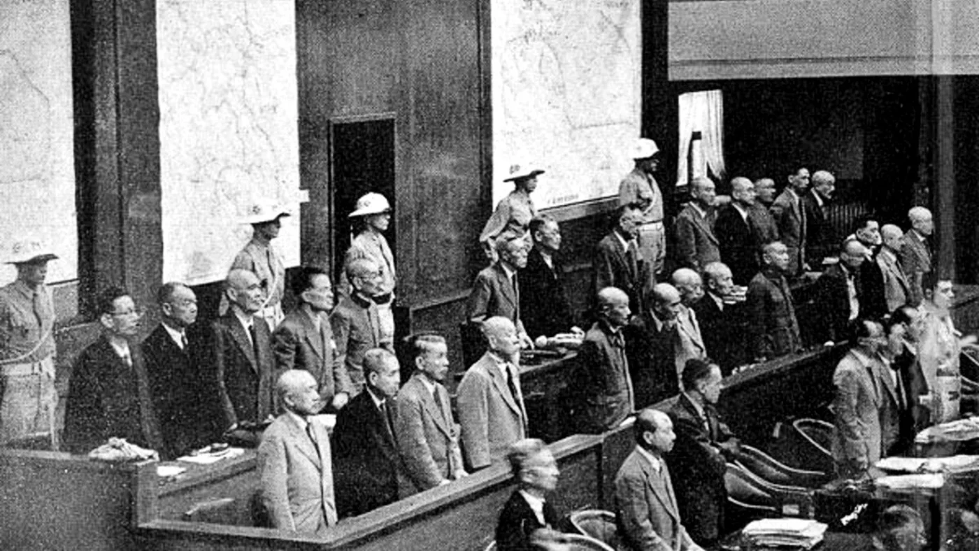 Leading figures of the Japanese wartime establishment in the dock at the Tokyo Trials, including from left to right: General Kenji Doihara, Field Marshal Shunroku Hata and former Prime Minister Koki Hirota (Creative Commons)